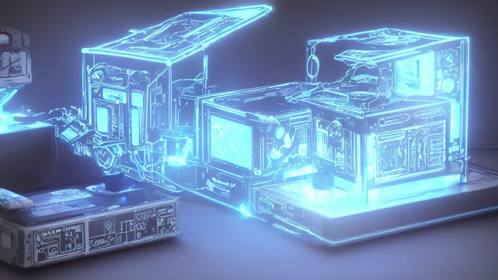 Image similar to a cyberpunk music box, white balance, hyperdimensional, 8 k, rim lighting, led, lumen global illumination, opaque, glowing, rubber, ray tracing reflections