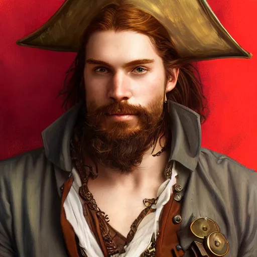 Image similar to portrait of a young pirate captain, male, rugged, masculine, handsome, upper body, red hair, long hair, cheerful, D&D, fantasy, intricate, elegant, highly detailed, digital painting, artstation, concept art, sensual, matte, sharp focus, illustration, art by Artgerm and Greg Rutkowski and Alphonse Mucha