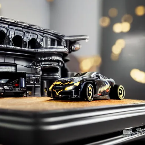 Image similar to 3 5 mm photo of metallic black batman car like hot wheels model with a batcave as background