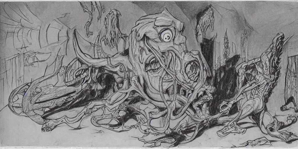 Image similar to Huge monster from under the bed, in front of the temple, drawn by a queasy old man