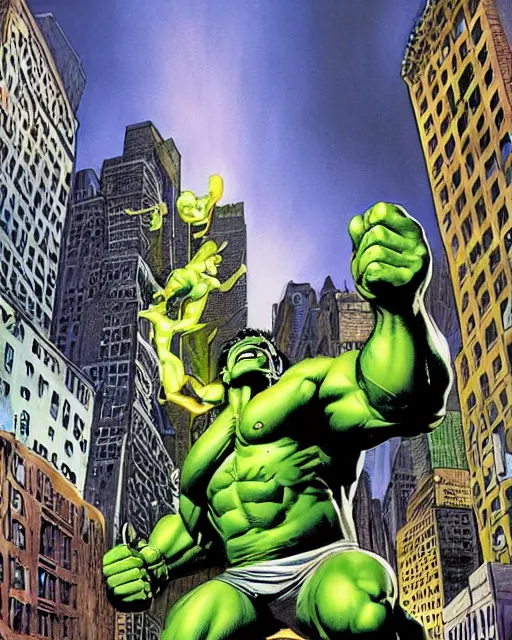 Image similar to a low angle perspective of the incredible hulk on a rampage in new york city by joe jusko. dramatic lighting. action and destruction.