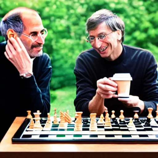 Prompt: steve jobs having starbucks coffee with bill gates while rabbits are watching them play chess