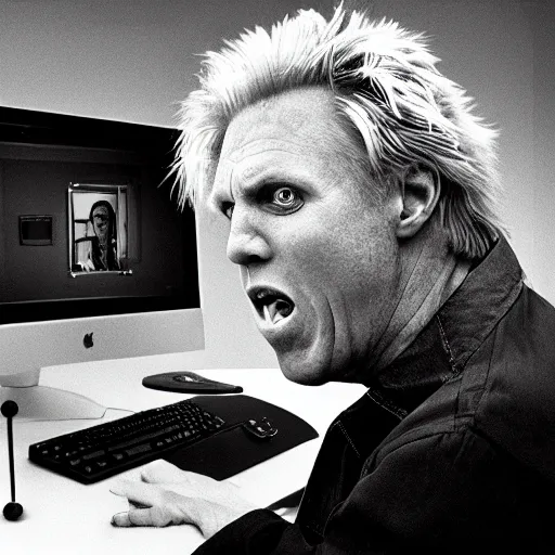 Prompt: gary busey screaming at a desktop computer in 1 9 9 9, ( sony a 7 r iv, symmetric balance, polarizing filter, photolab, lightroom, 4 k, dolby vision, photography awardm, voque, perfect face )