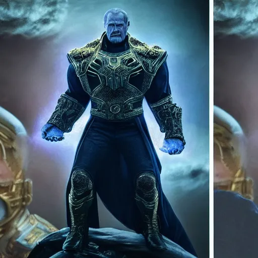 Prompt: vladimir putin as thanos, Cinematic, Portrait, Ultra-HD, Beautiful Lighting, insanely detailed and intricate, hypermaximalist, elegant, ornate, hyper realistic, super detailed