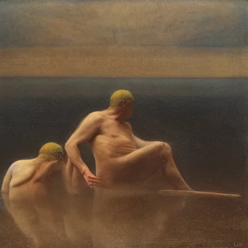 Image similar to the dream of the walrus and the swimmers in oslo, by odd nerdrum, oil on canvas, 1 9 8 3, high resolution