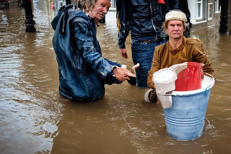 Image similar to closeup potrait of Dutch people with buckets in a flood in Amsterdam, photograph, natural light, sharp, detailed face, magazine, press, photo, Steve McCurry, David Lazar, Canon, Nikon, focus