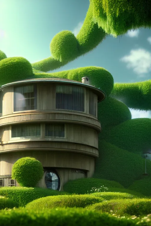 Image similar to cylindrical house, solarpunk, studio ghibli, jean - baptiste monge, octane render, 4 k