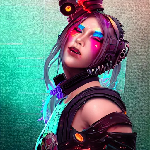 Prompt: a portrait of a cyberpunk geisha sorceress, warcore, sharp focus, detailed, artstation, concept art, 3 d + digital art, wlop style, biopunk, neon colors, futuristic