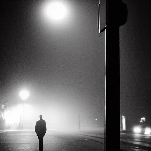 Prompt: film photo of a man standing under a streetlight on a very foggy night, empty street, ominous