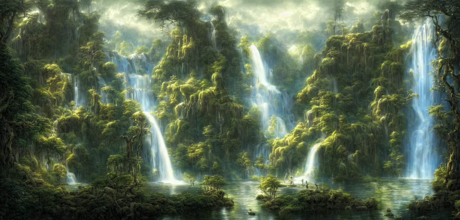 Image similar to a painting of a waterfall in a random magic forest, a detailed matte painting landscape by todd lockwood, deviantart, fantasy art, matte painting, matte drawing, airbrush art