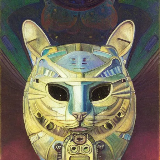 Prompt: masterpiece painting of a bejeweled mechanical robot cat head, by annie swynnerton and diego rivera and nicholas roerich and jean delville, symbolist, dramatic lighting, god rays, elaborate geometric ornament, art brut, rich colors, smooth, sharp focus, extremely detailed, adolf wolfli and ( donato giancola )