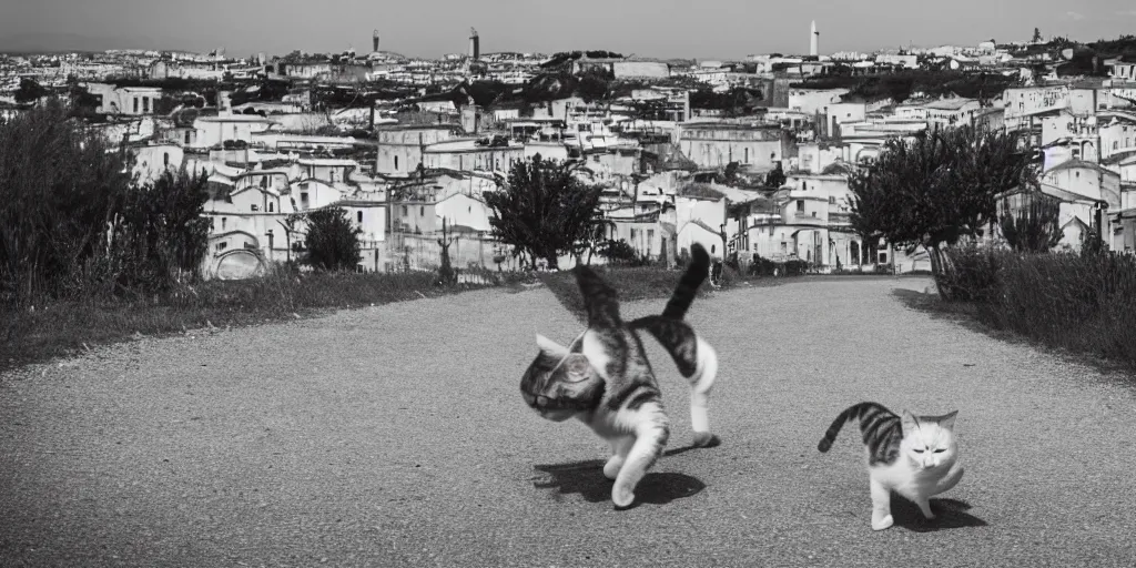 Image similar to photography of a cat running away with mortadella in his mouth at trullo houses town in the background, photoreal, 3 5 mm, award winning photography