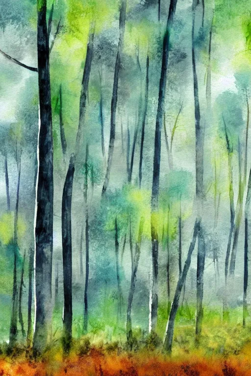 Prompt: landscape background image, forest, watercolor, muted colors, wallpaper