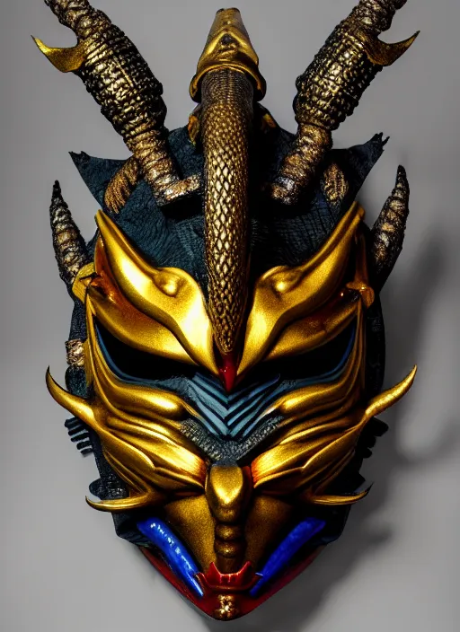 Prompt: samurai dragon mask, product photography, fantasy, highly detailed, comic book, shimmering, wlop, prism highlights, concept art, digital art, symmetrical features, golden-ratio, canvas, Wangechi Mutu, artstation, rule of thirds