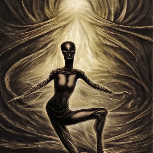 Image similar to a demon ballerina leaving a trail of smoke by h. r. giger