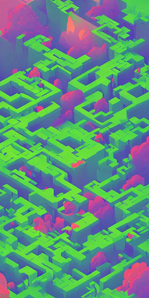 Prompt: liquified 3 d isometric planes melting, colorful, grainy, risograph, dramatic lighting, flowing, nebula, lush overgrowth, ivy, vines, flowers, trees, birds, city, unreal engine, fog, cosmic