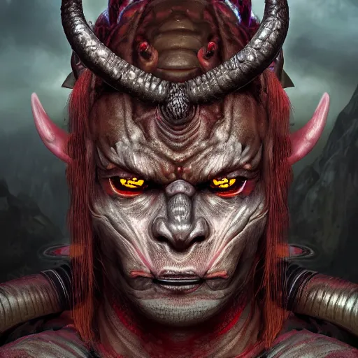 Image similar to an oni with long horns coming out of his forehead, 8K resolution, digital art, eldritch, hyper realistic, intricately detailed, Trending on Artstation