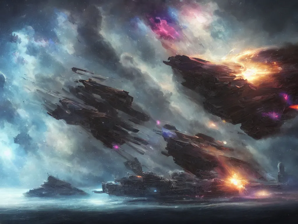 Image similar to epic portrait an epic space battle between freighters and frigates, stars, glowing, nebulaes, brutal digital painting, artstation, concept art, soft light, hdri, smooth, sharp focus, illustration, fantasy, intricate, elegant, highly detailed, D&D, matte painting, in the style of Greg Rutkowski and Alphonse Mucha and artemisia, 8k, highly detailed, jurgens, rutkowski, bouguereau, pastoral, rustic, georgic, detailed concept art, illustration, colorful pastel, painting, detail, ultra detailed, digital art, 4K,