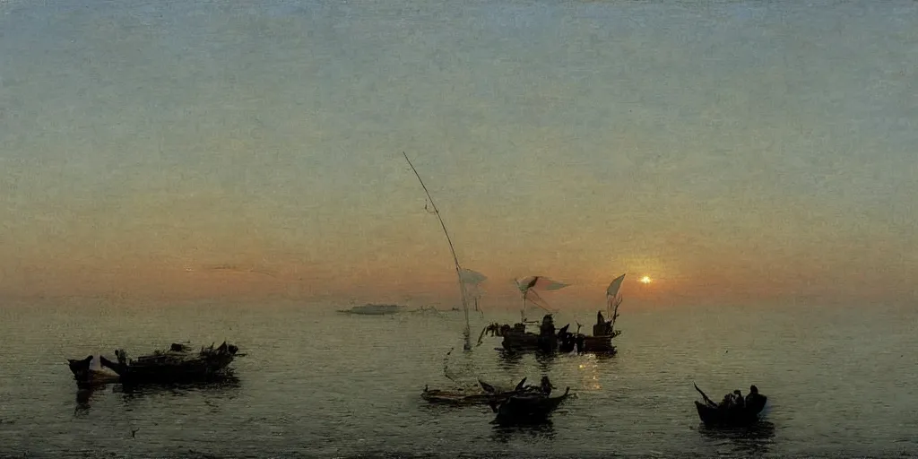 Prompt: rising sun ( ( ( fishing cormorant, fishing boat ) ) ) on the naples bay, by paul gustav fisher and moebius