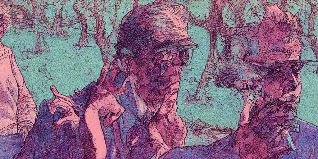 Image similar to a close - up grainy risograph, pastel colors painting of a scene from the requiem for a dream by moebius and lehr paul and kim jung gi