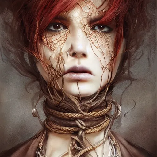 Image similar to portrait of a Shibari rope wrapped face and neck, headshot, insanely nice professional hair style, dramatic hair color, digital painting, of a old 13th century, traveler, amber jewels, baroque, ornate clothing, scifi, realistic, hyperdetailed, chiaroscuro, concept art, art by Franz Hals and Jon Foster and Ayami Kojima and Amano and Karol Bak,