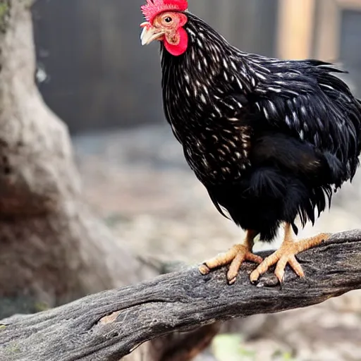 Image similar to a newly discovered breed of chicken with black feathers that is spotted with small white hearts