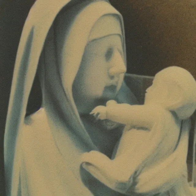 Prompt: vintage polaroid closeup of white mother mary statue crying blood, pictured slightly from below, clear sky with blue clouds in background