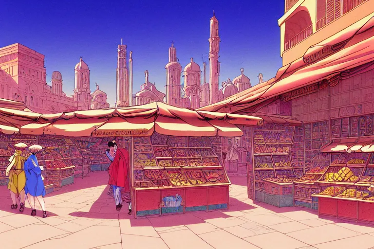 Prompt: cel-shaded study of a marketplace in a desert city with late renaissance buildings in the background, key visual with intricate linework, in the style of moebius, ayami kojima, 90's anime, retro fantasy