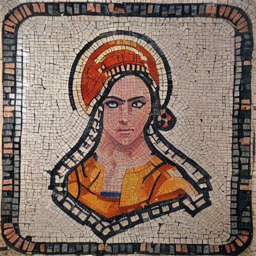 Prompt: ancient Roman tile mosaic depicting cyberpunk anime girl