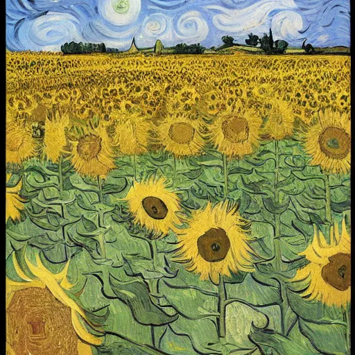 Image similar to “ cat sleeping in field of sunflowers, vincent van gogh ”