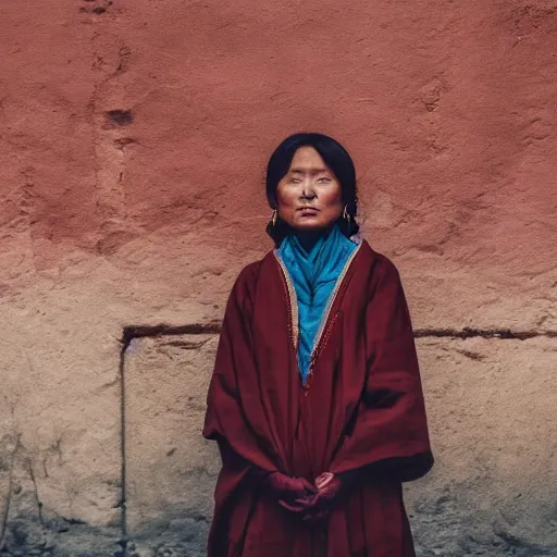 Image similar to Portrait of a seemly prettyish atypical woman in a chocolate-box Tibetan architecture by Erik Jones, trending on Unsplash