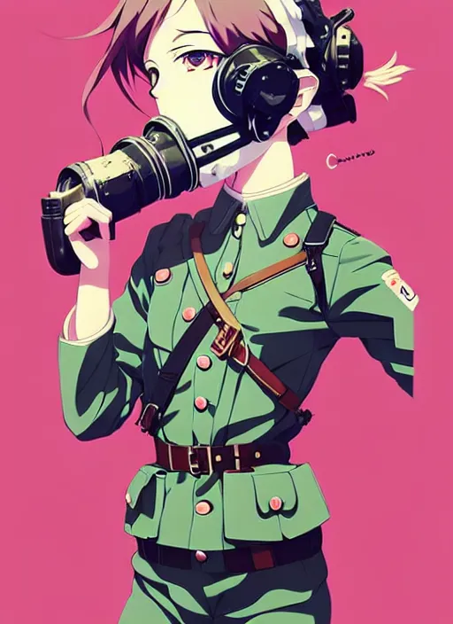 Image similar to singular girl with wearing ww 2 gas mask, ww 2 uniform, very anime!!! anime!! intricate details, aesthetically pleasing pastel colors, smoke poster background, art by conrad roset and ilya kuvshinov