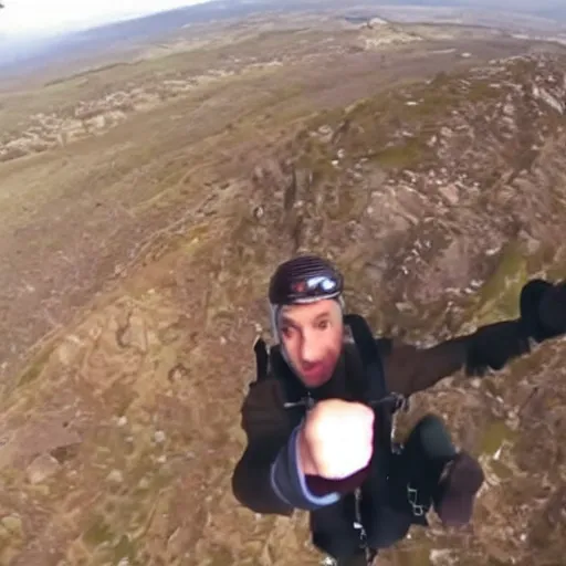 Prompt: GoPro video of Mr Bean base jumping