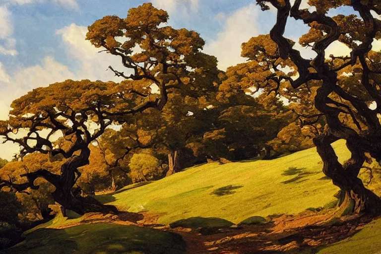 Prompt: masterpiece painting of oak trees on a hillside overlooking a creek, dramatic lighting, by j. c. leyendecker