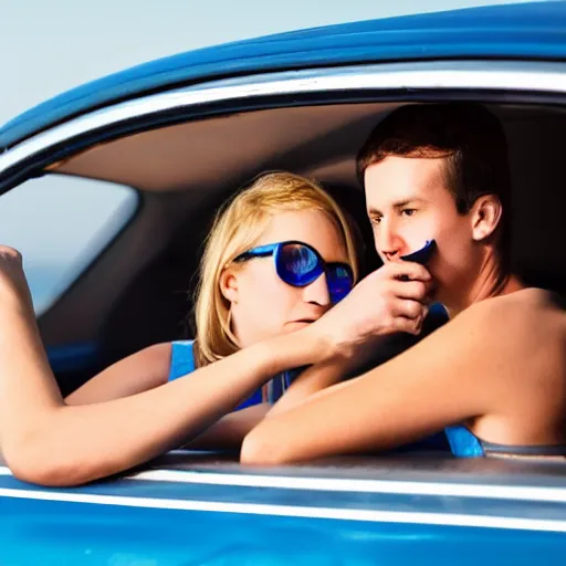 Image similar to a couple smoking a joint by the sea inside a blue BMW with a teenager in the backseat