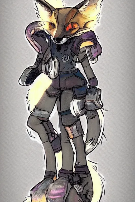 Image similar to a cute cyberpunk anthropomorphic fox with a fluffy tail, comic art, trending on furaffinity, cartoon, kawaii, backlighting, furry art!!!, warm light, concept art, glitch art