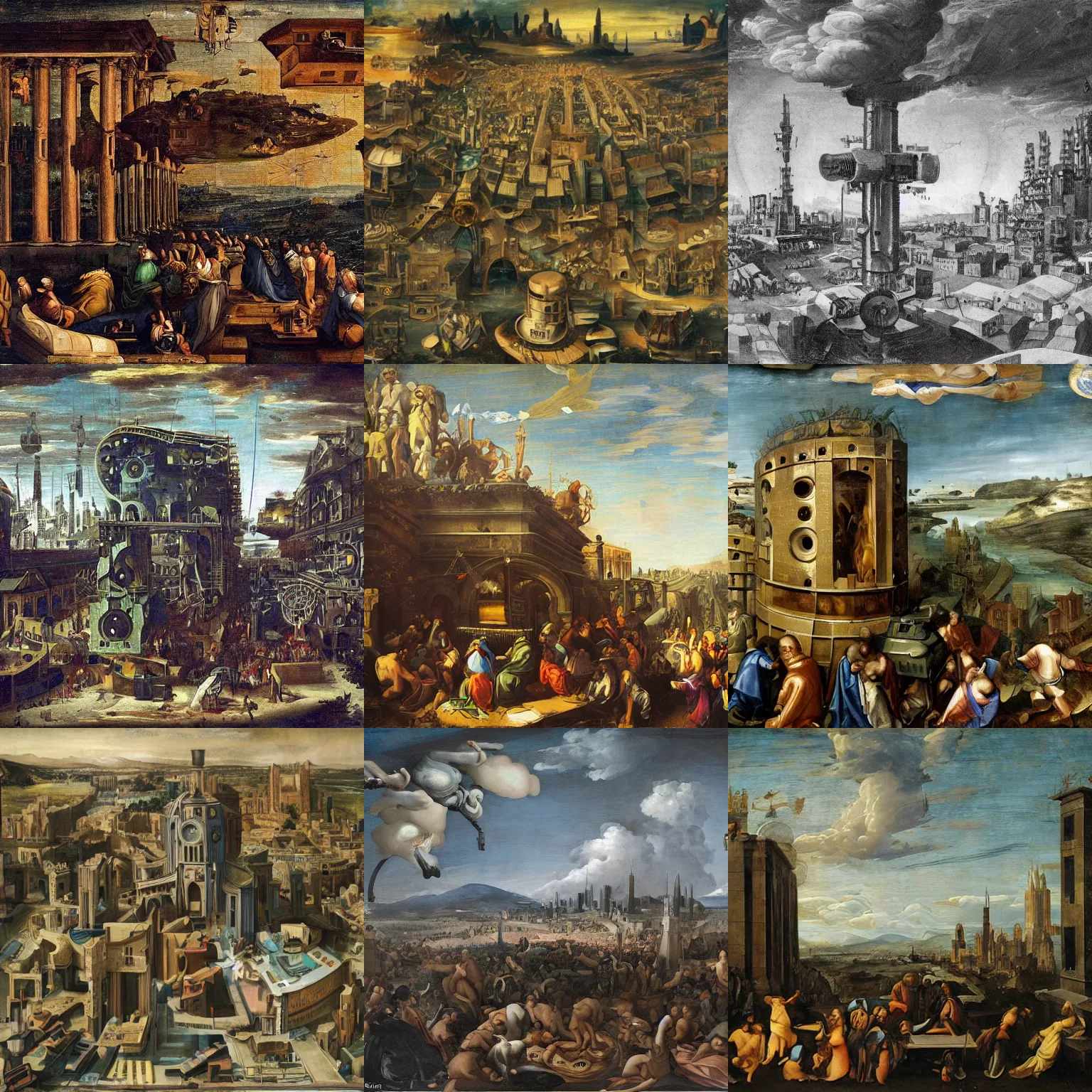 Prompt: renaissance painting of (wide shot) city of machines overlooked by God at a 36⁰ angle, foreboding, dark, stylistic