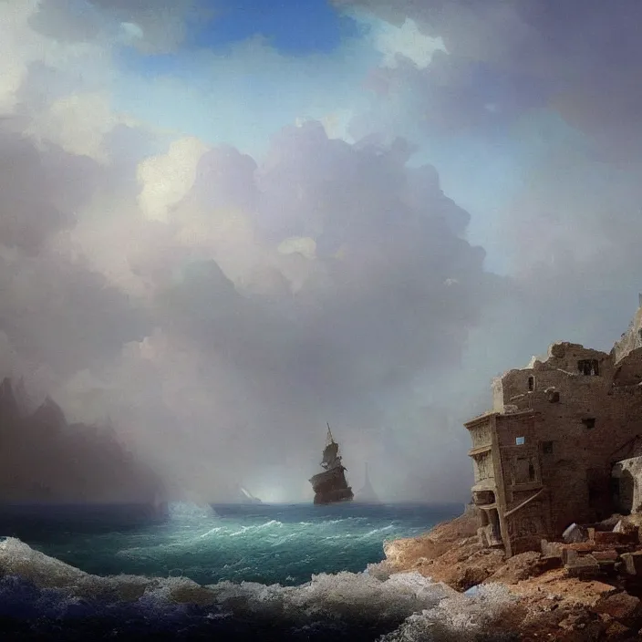 Image similar to a beautiful painting of ruins on the sea by ivan aivazovsky and zdzisław beksinski and rene magritte and greg rutkowski and james gurney, in style of digital art. hyper detailed, sharp focus, soft light. octane render. ray tracing. trending on artstation