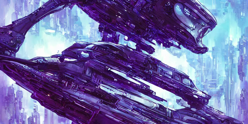 Image similar to spaceship in space, sci-fi, cyberpunk, by Stanley Artgerm, Travis Charest, Carne Griffiths, sleek, futuristic, alien, white, blue, purple, trending on artstation, detailed, intricate, steampunk