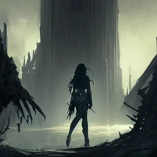 Image similar to gothic concept art by greg rutkowski, wonder woman walking down a barren street with strange creatures watching her from the buildings nearby, enigmatic atmosphere, beautiful and cinematic lighting, artstation hq.