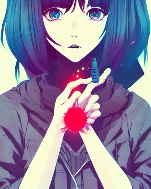 Prompt: girl holding flashbang, detailed manga illustration!! intricate details, beautiful perfect face, perfect body, aesthetically pleasing pastel colors, poster background, aesthetic details, art by conrad roset and ilya kuvshinov