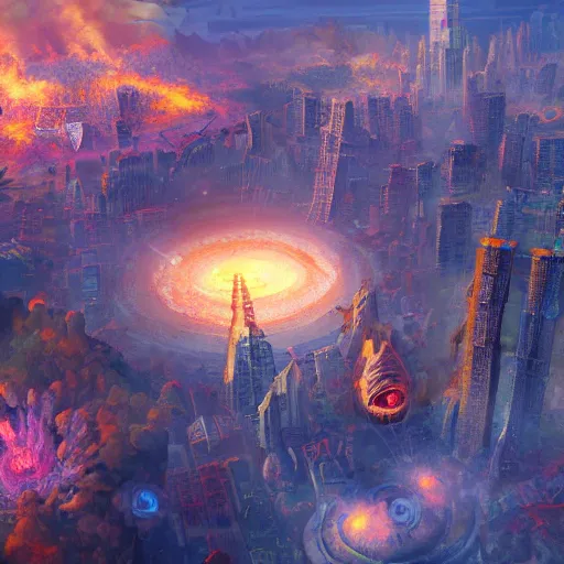 Prompt: aerial shot of eye of chutulu from terraria destroying city, by Craig Mullins and Hiroshi Yoshida