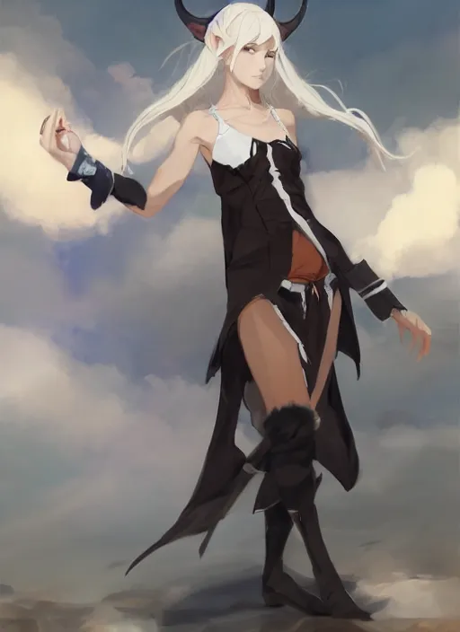 Prompt: concept art painting of a feminine person with brown skin and short white hair, demon horns, elf ears, full clothing, black clothes, blue robes, detailed, cel shaded, in the style of ruan jia and artgerm and makoto shinkai and james gurney