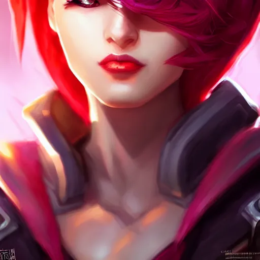 Image similar to portrait of Vi from League of Legends, by Fortiche Studio, from Netflix's Arcane, trending on artstation,fine details, angry look, realistic shaded, fine-face, Steampunk city on the background, red hair, award winning, painted texture, pretty face,by Artgerm