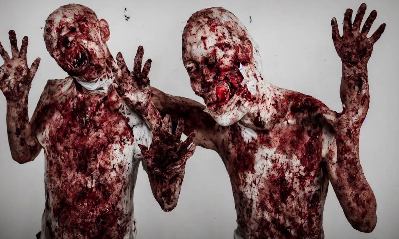 Prompt: a taxidermy human with dried blood and intestines gushing. chest ripped open. knife in eye socket. bloody hand prints on white walls in background. hyper realistic photography 8 k /