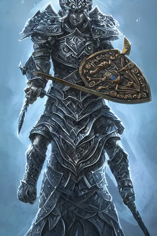 Image similar to Fantasy Paladin holding a tower shield and a spear, wearing an intricate azure full plated armor, Wolf companion by their side, moonlit, HD, illustration, epic, D&D, fantasy, intricate, elegant, highly detailed, digital painting, artstation, concept art, smooth, sharp focus, illustration, art by artgerm and greg rutkowski and alphonse mucha