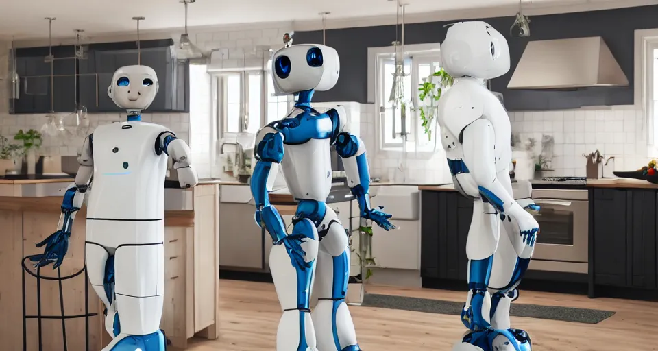 Prompt: humanoid robot, IKEA Catalogue photo in a high end farmhouse style kitchen