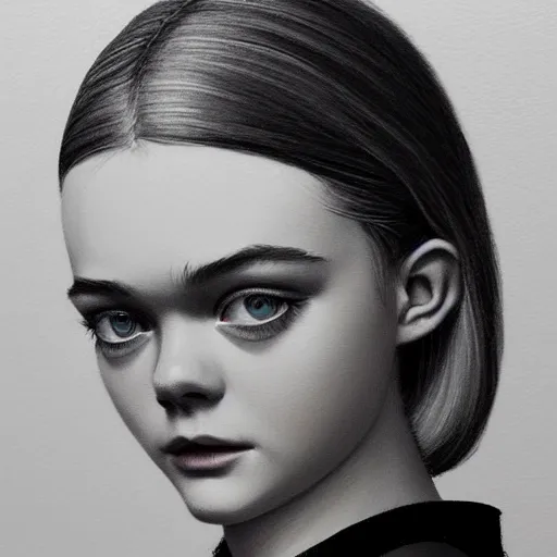 Image similar to professional painting of Elle Fanning in the style of Ilya Kuvshinov, head and shoulders portrait, symmetrical facial features, smooth, sharp focus, illustration, intricate, stormy weather, extremely detailed masterpiece,