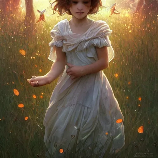 Prompt: A cute seven year old little girl with shoulder length curly brown hair with a happy expression wearing a summer dress dancing with fireflies, she is in the distance. beautiful fantasy art by By Artgerm and Greg Rutkowski and Alphonse Mucha, trending on artstation.