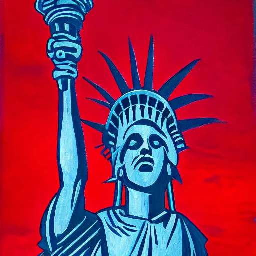 Prompt: the stature of liberty holding a taser. apocalypse painting. masterpiece. red sky, moody, gothic